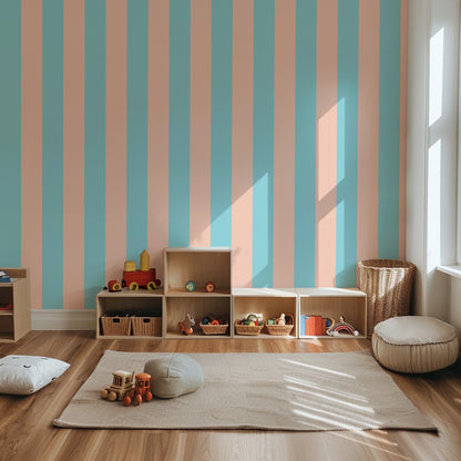 Aqua & Peach – Wide Stripe Wallpaper styled in a kids' room and nursery