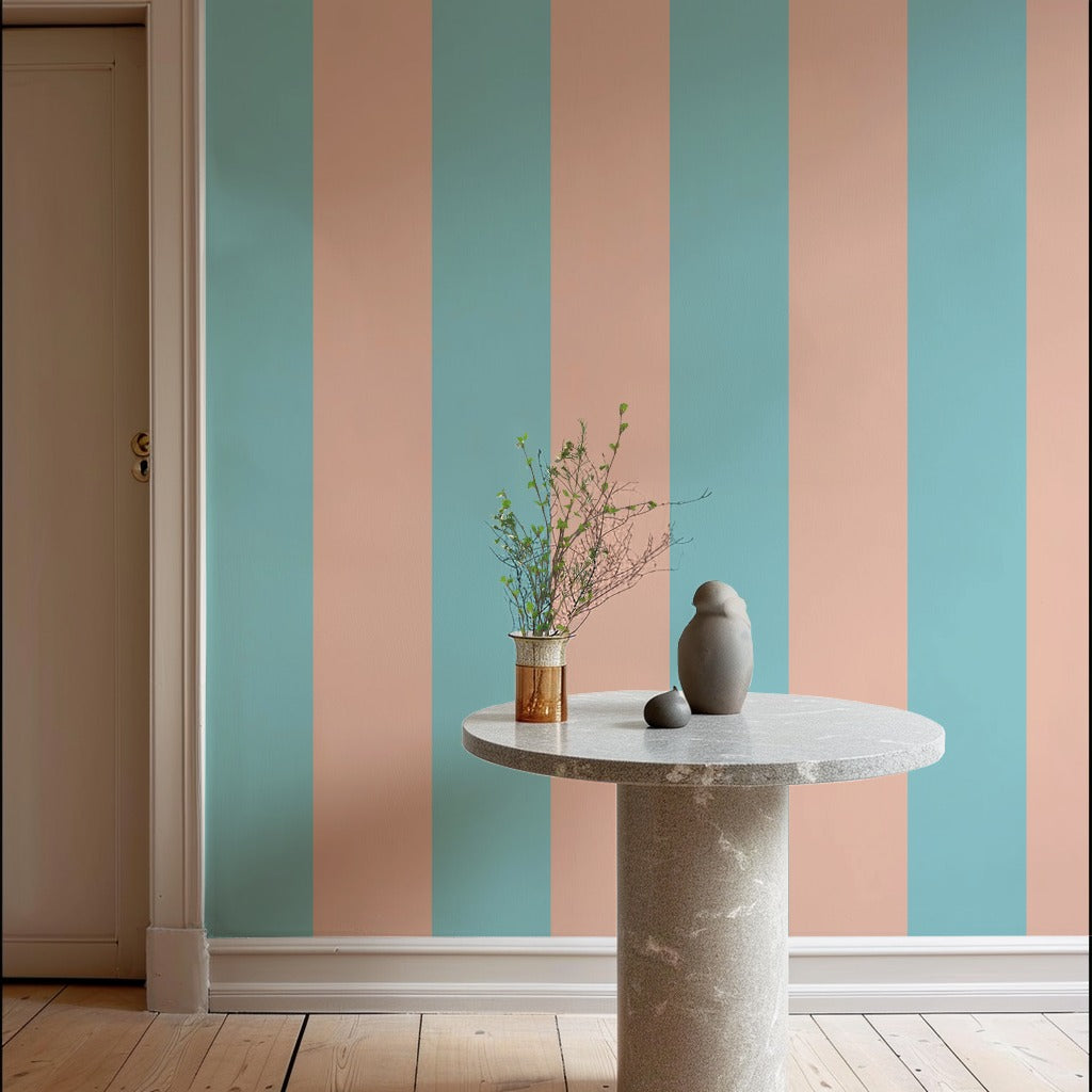 Aqua & Peach – Wide Stripe Wallpaper styled in a hallway and home office