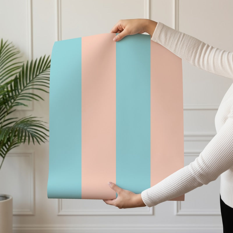 Wide Stripe Wallpaper roll in Aqua & Peach – graphic, wide stripes on a peach ground