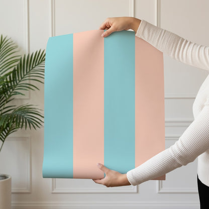 Wide Stripe Wallpaper roll in Aqua & Peach – graphic, wide stripes on a peach ground