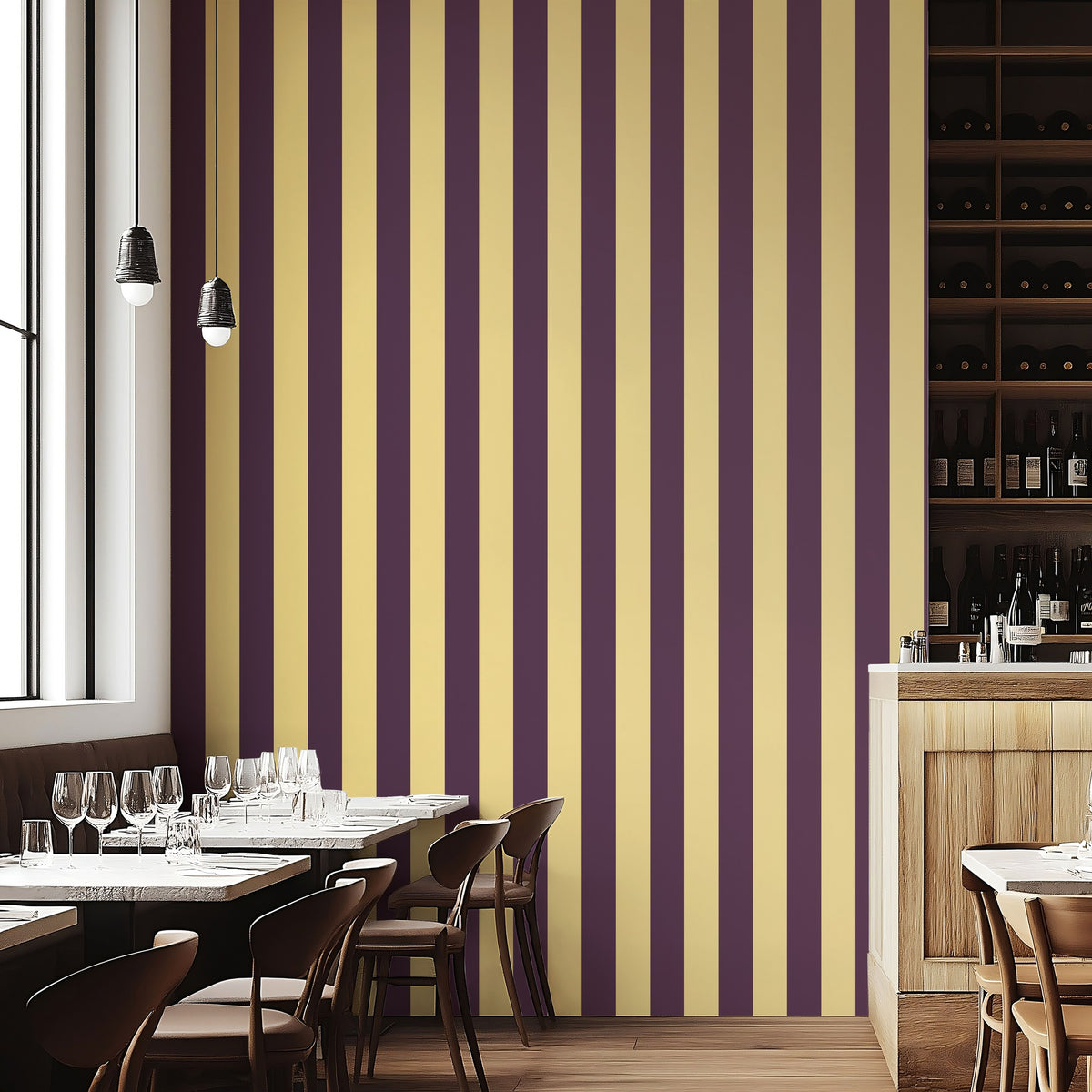 Wide Stripe Wallpaper – Butter & Aubergine styled in a boutique hotel and hospitality space