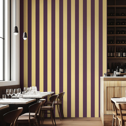 Wide Stripe Wallpaper – Butter & Aubergine styled in a boutique hotel and hospitality space