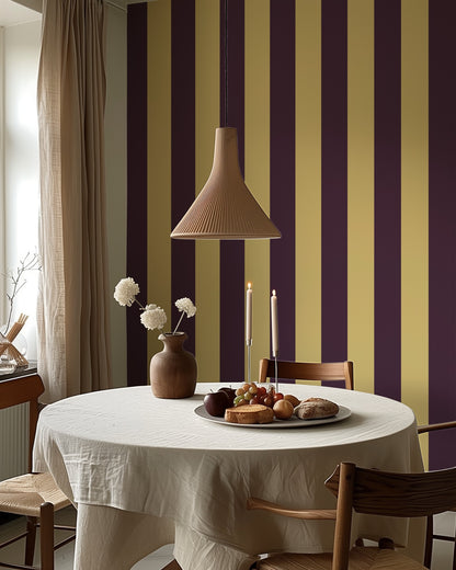 Wide Stripe Wallpaper – Butter & Aubergine styled in a kitchen and dining