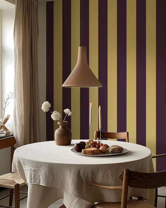 Wide Stripe Wallpaper – Butter & Aubergine styled in a kitchen and dining