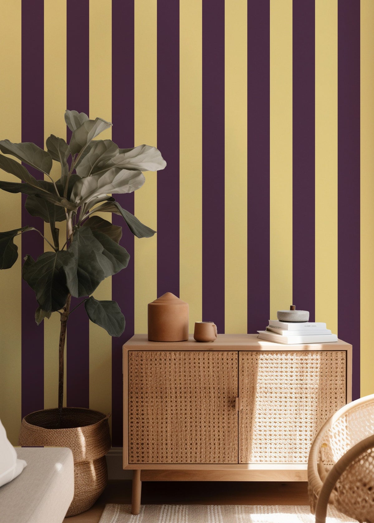 Wide Stripe Wallpaper – Butter & Aubergine styled in a hallway and home office