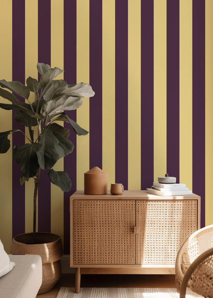Wide Stripe Wallpaper – Butter & Aubergine styled in a hallway and home office
