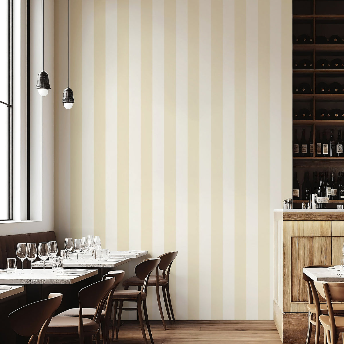 Buttercream & Warm Ivory – Wide Stripe Wallpaper styled in a boutique hotel and hospitality space