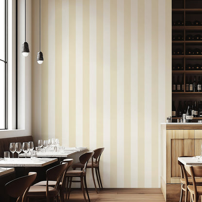 Buttercream & Warm Ivory – Wide Stripe Wallpaper styled in a boutique hotel and hospitality space