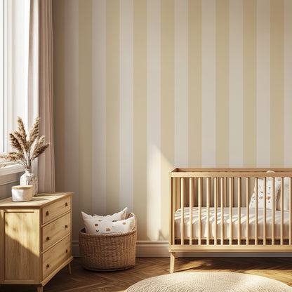 Buttercream & Warm Ivory – Wide Stripe Wallpaper styled in a kids' room and nursery