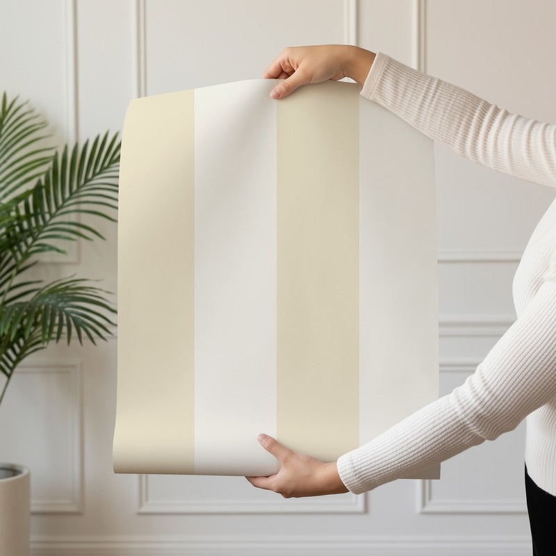 Wide Stripe Wallpaper roll in Buttercream & Warm Ivory – graphic, wide stripes on a warm ivory ground