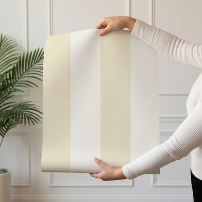 Wide Stripe Wallpaper roll in Buttercream & Warm Ivory – graphic, wide stripes on a warm ivory ground