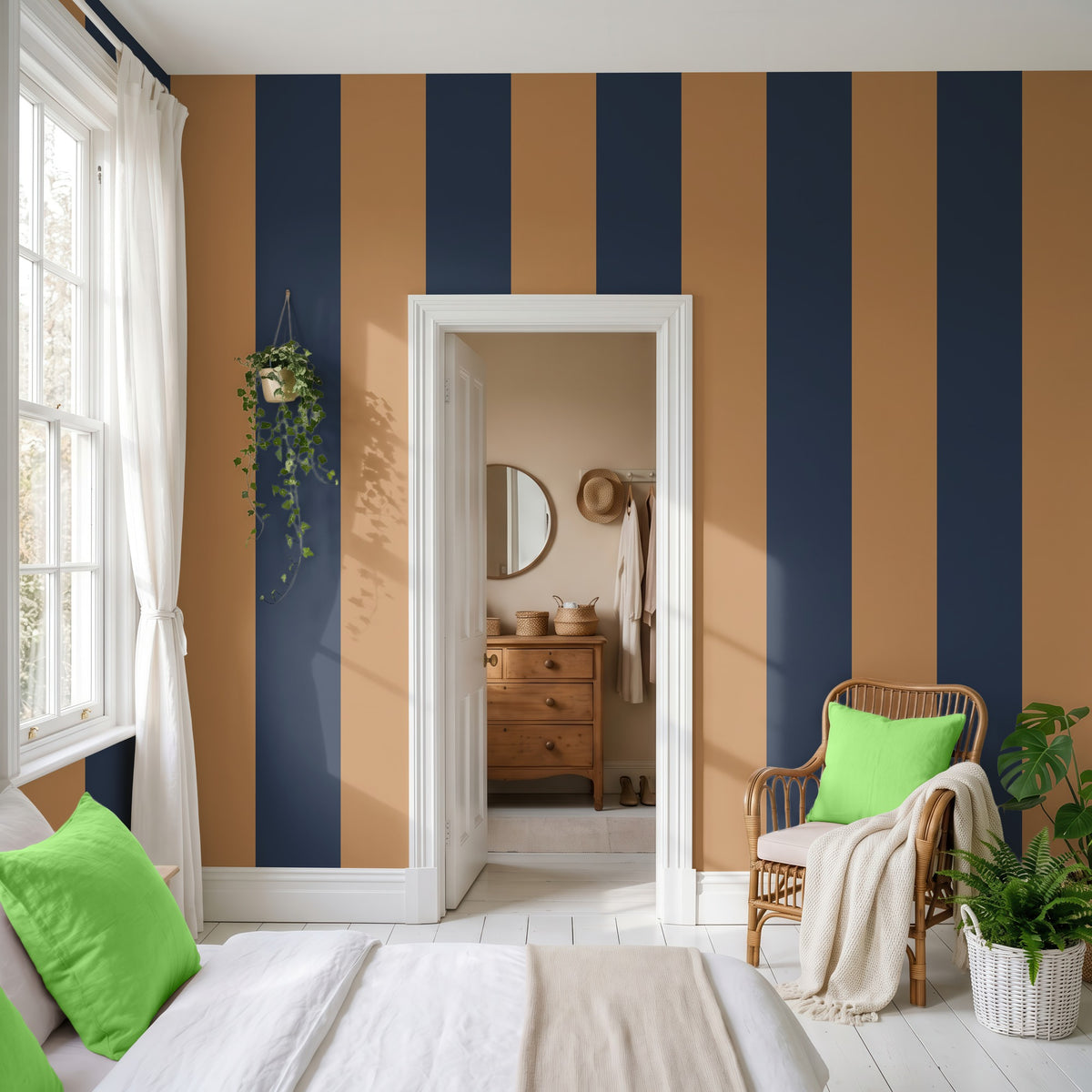 Wide Stripe Wallpaper – Caramel & Midnight Blue styled in a bedroom