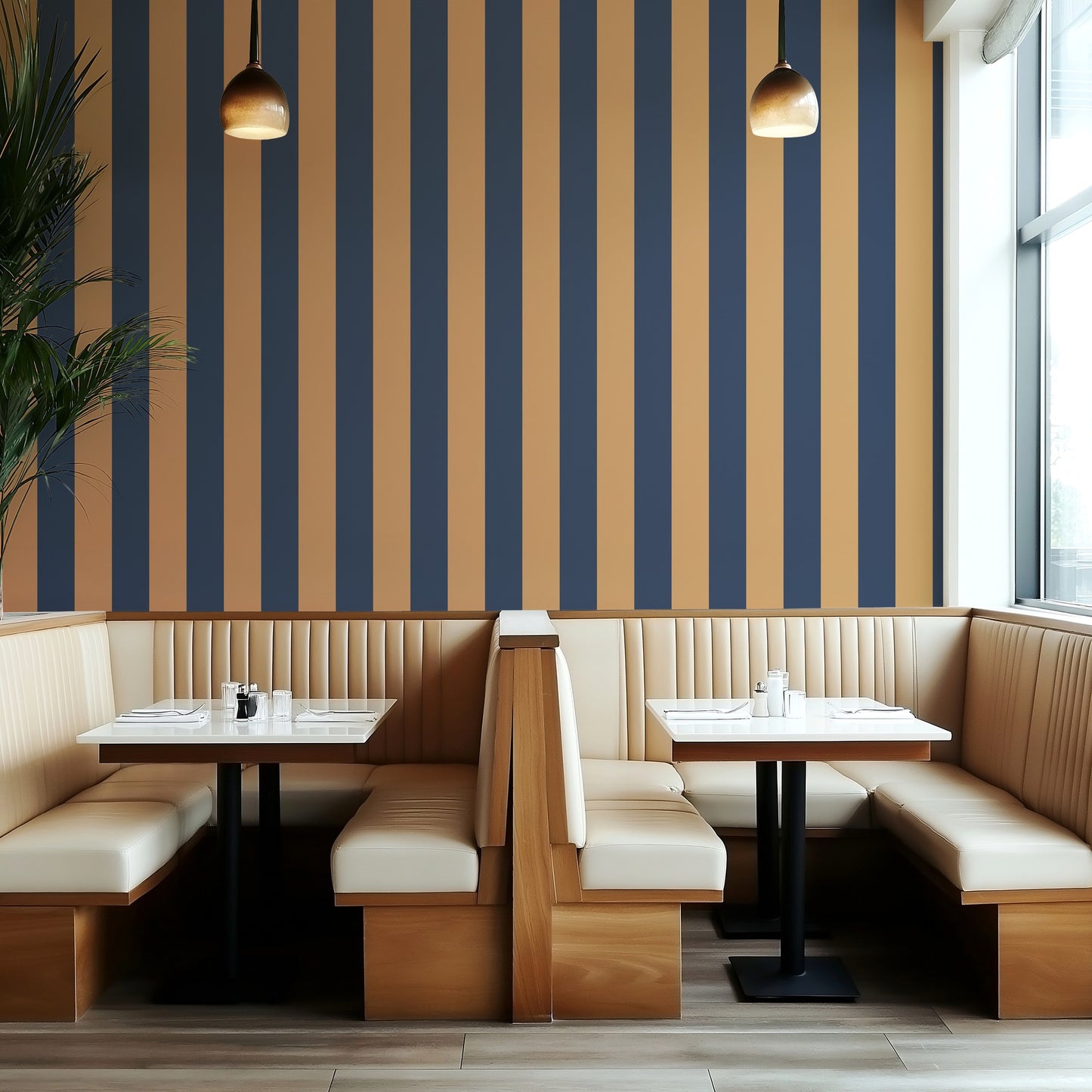 Wide Stripe Wallpaper – Caramel & Midnight Blue styled in a boutique hotel and hospitality space