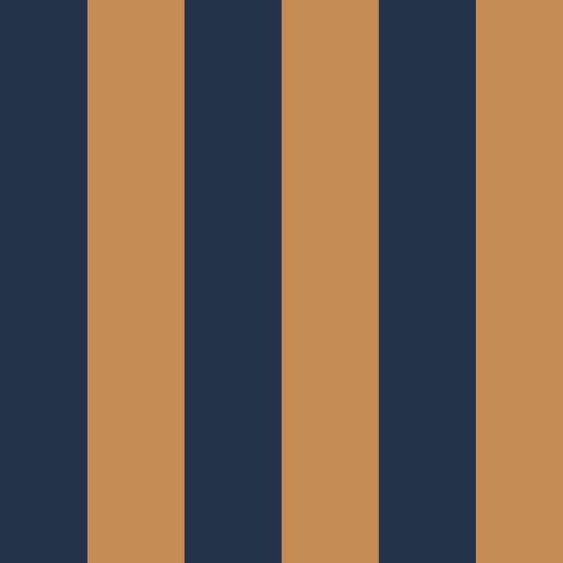 Wide Stripe Wallpaper in Caramel & Midnight Blue – graphic, wide stripes on a midnight blue ground