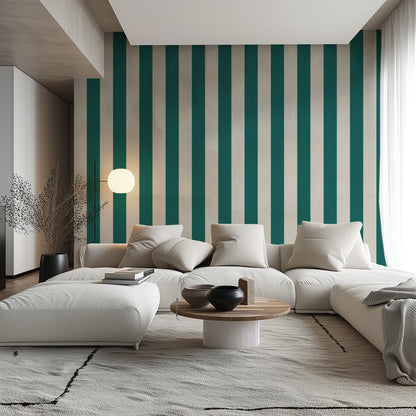 Wide Stripe Wallpaper – Chalk White & Rich Teal styled in a living room