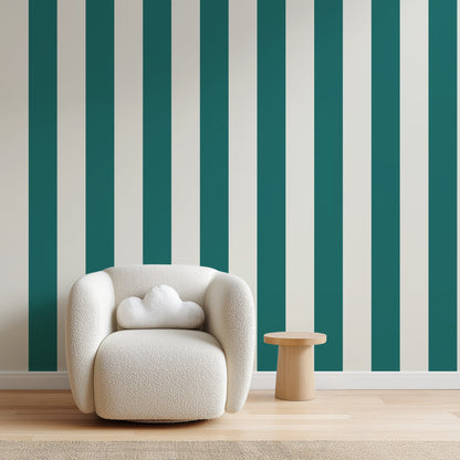 Wide Stripe Wallpaper – Chalk White & Rich Teal styled in a hallway and home office
