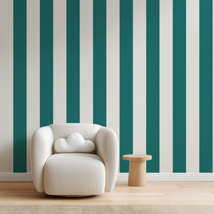 Wide Stripe Wallpaper – Chalk White & Rich Teal