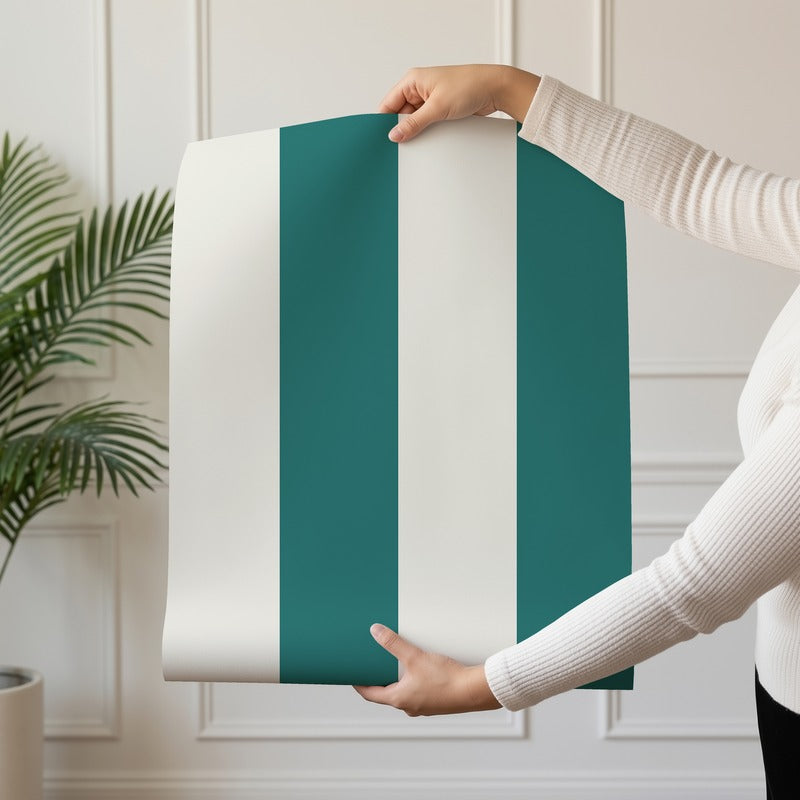 Wide Stripe Wallpaper roll in Chalk White & Rich Teal – graphic, wide stripes on a rich teal ground