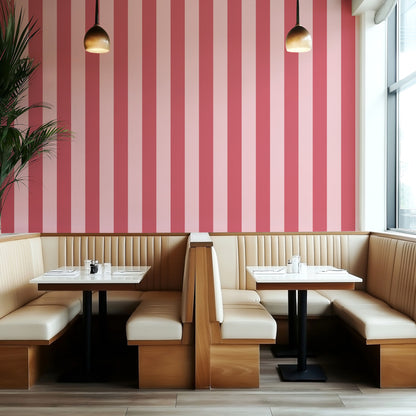 Wide Stripe Wallpaper – Cherry Red & Powder Pink styled in a boutique hotel and hospitality space