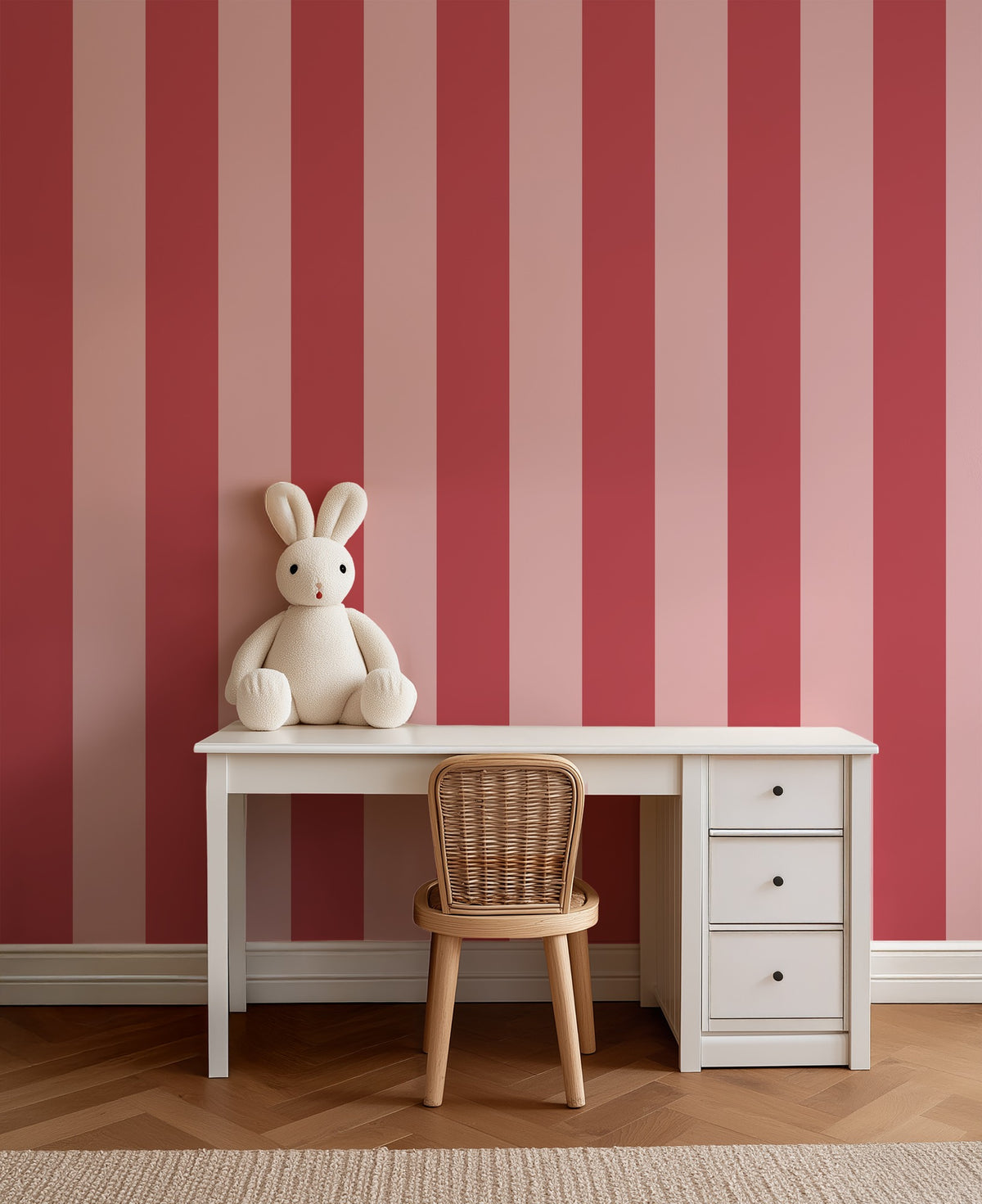 Wide Stripe Wallpaper – Cherry Red & Powder Pink styled in a kids' room and nursery
