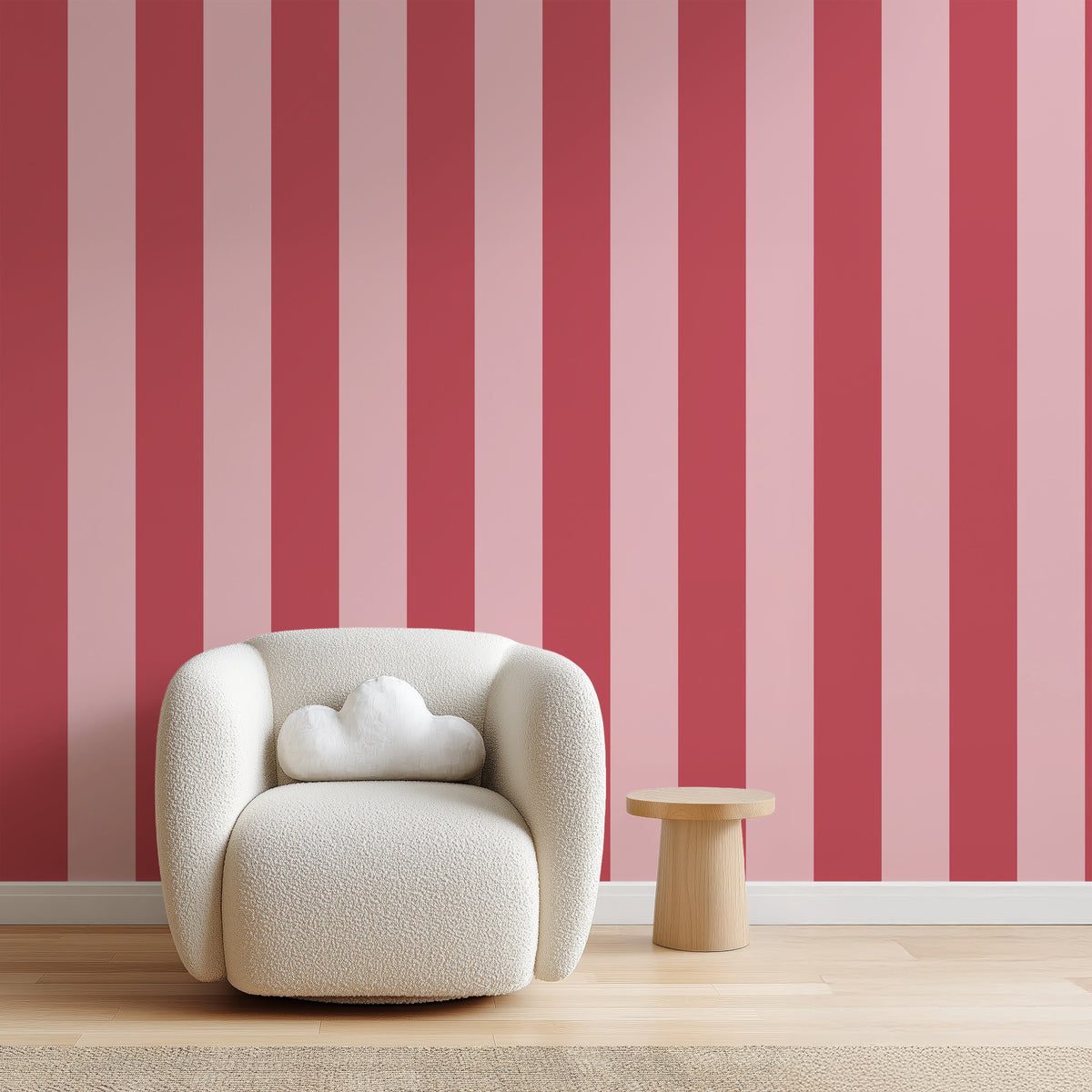Wide Stripe Wallpaper – Cherry Red & Powder Pink styled in a hallway and home office