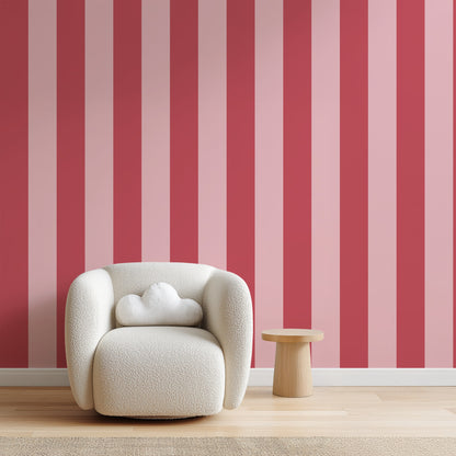 Wide Stripe Wallpaper – Cherry Red & Powder Pink styled in a hallway and home office