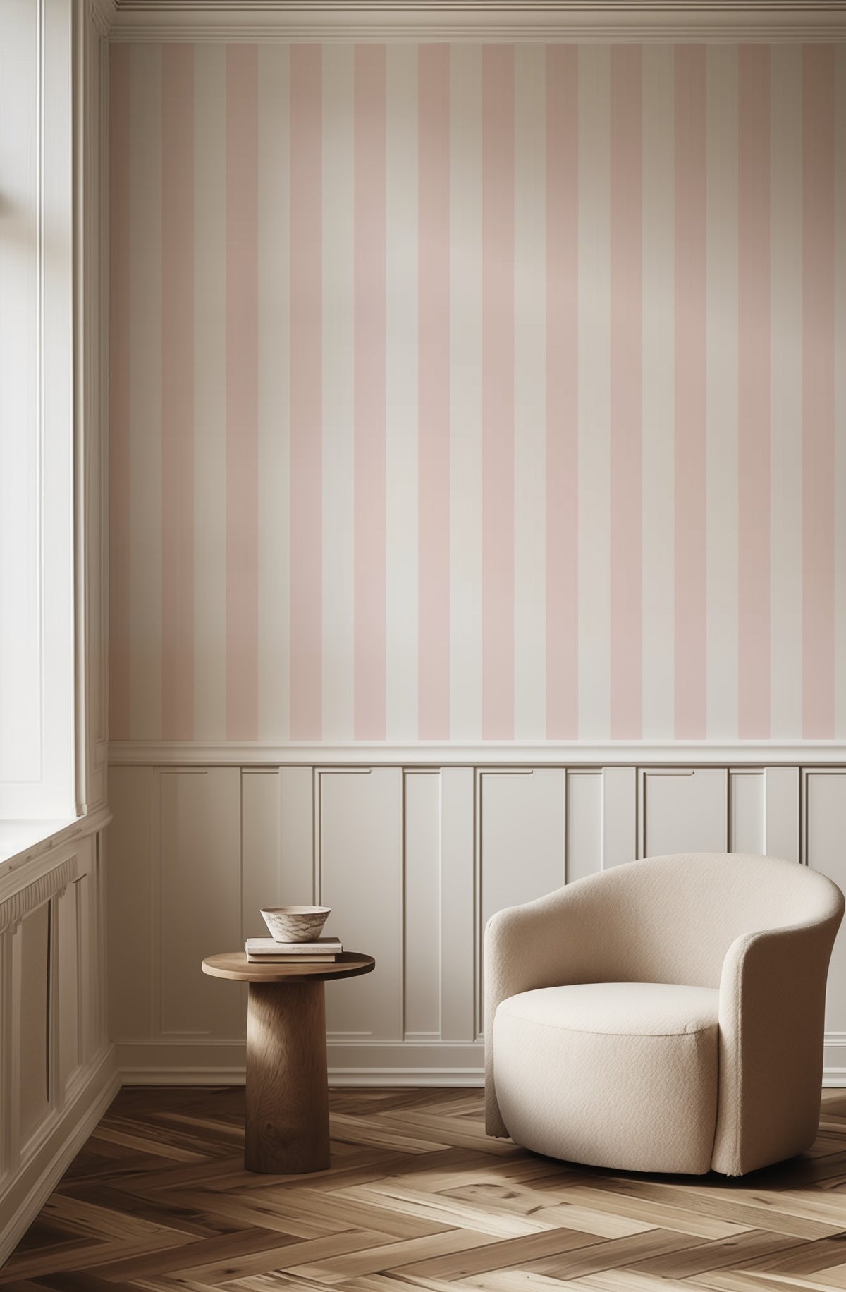 Cloud & Blossom – Wide Stripe Wallpaper styled in a hallway and home office