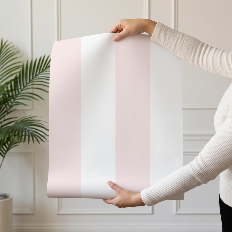 Wide Stripe Wallpaper roll in Cloud & Blossom – graphic, wide stripes on a blossom ground