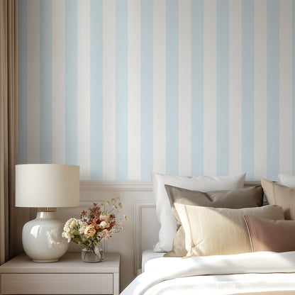 Cloud & Ice – Wide Stripe Wallpaper styled in a bedroom