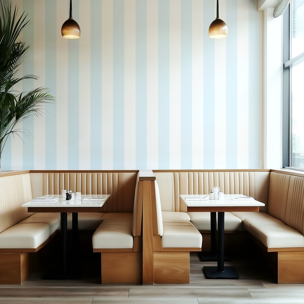Cloud & Ice – Wide Stripe Wallpaper styled in a boutique hotel and hospitality space
