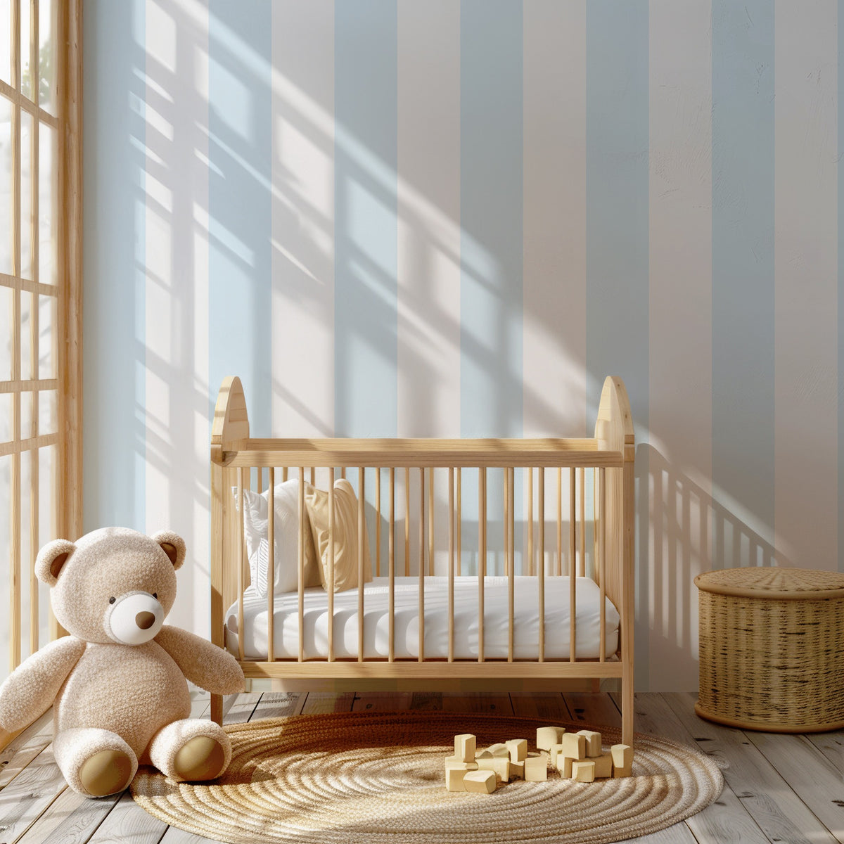 Cloud & Ice – Wide Stripe Wallpaper styled in a kids' room and nursery