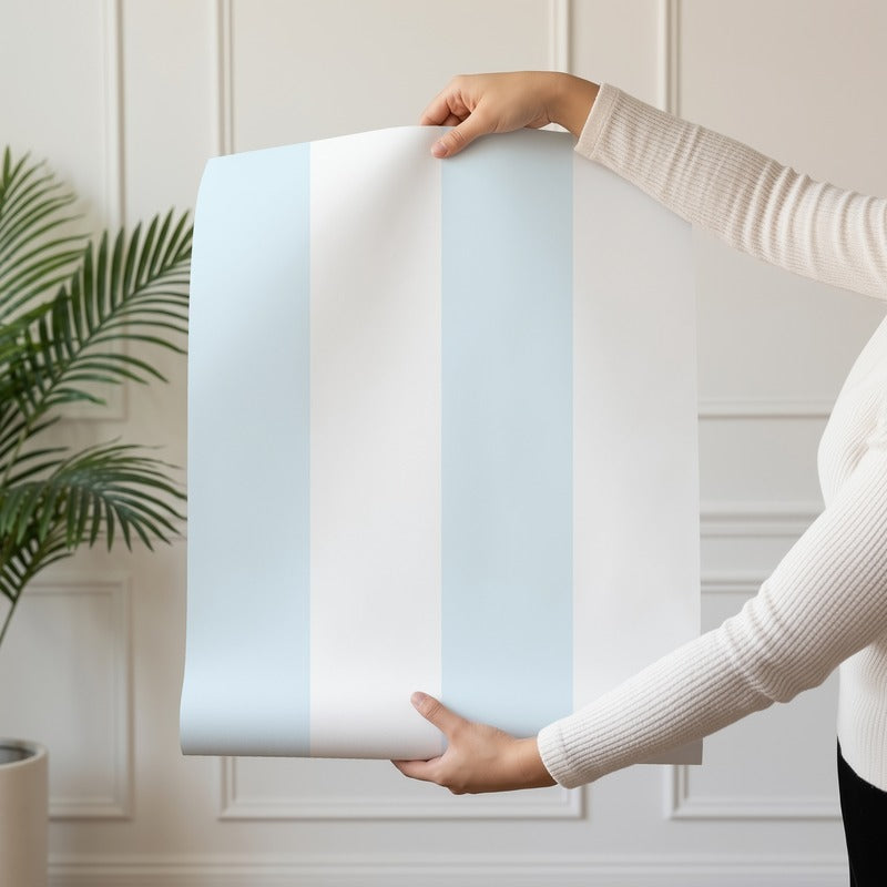 Wide Stripe Wallpaper roll in Cloud & Ice – graphic, wide stripes on an ice ground