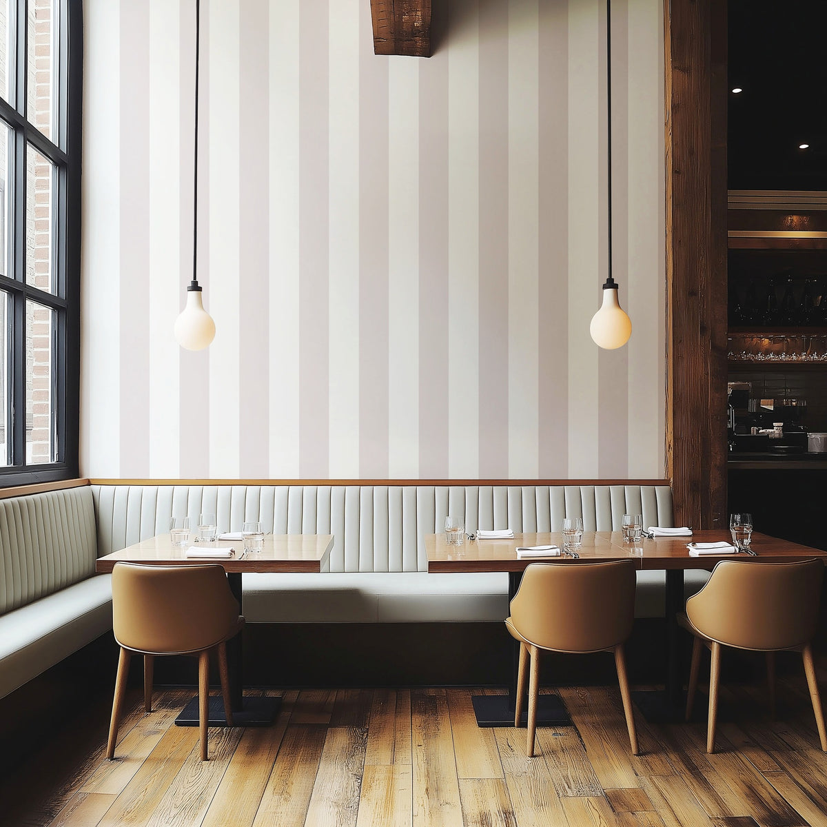 Cloud & Mauve – Wide Stripe Wallpaper styled in a boutique hotel and hospitality space