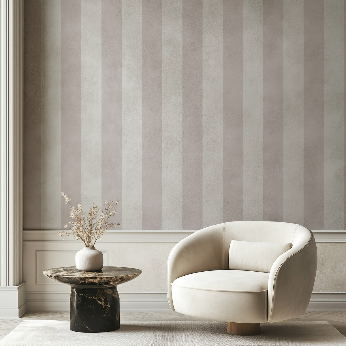 Cloud & Mauve – Wide Stripe Wallpaper styled in a hallway and home office