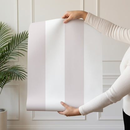 Wide Stripe Wallpaper roll in Cloud & Mauve – graphic, wide stripes on a mauve ground