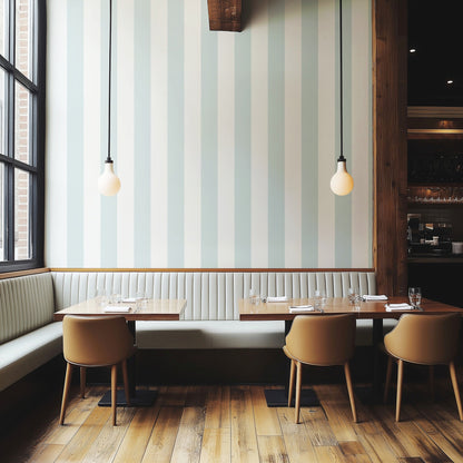 Cloud & Powder Blue – Wide Stripe Wallpaper styled in a boutique hotel and hospitality space