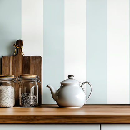 Cloud & Powder Blue – Wide Stripe Wallpaper styled in a kitchen and dining room