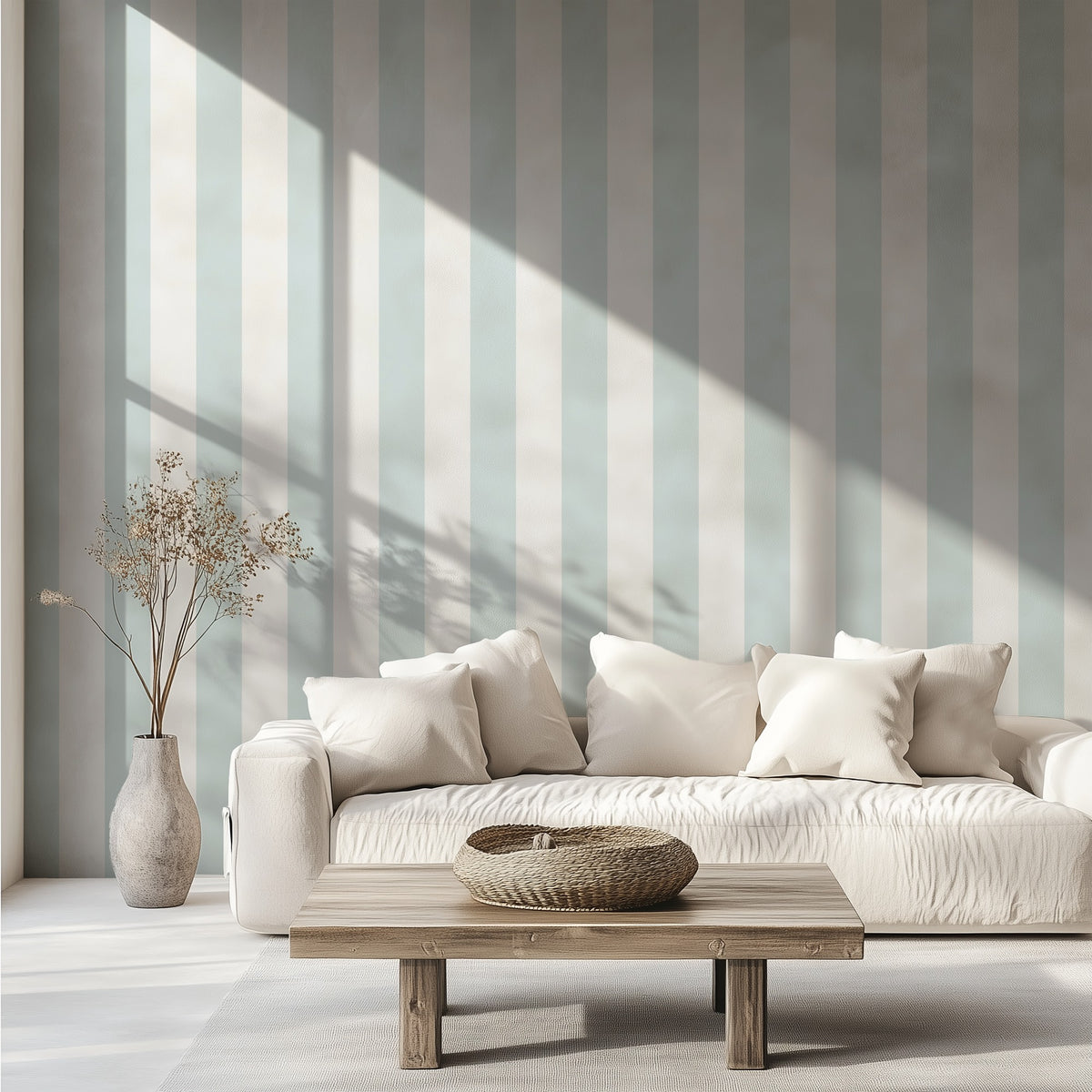Cloud & Powder Blue – Wide Stripe Wallpaper styled in a living room