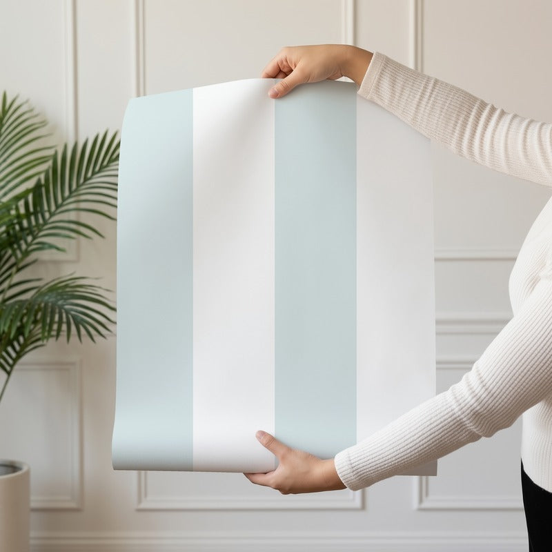 Wide Stripe Wallpaper roll in Cloud & Powder Blue – graphic, wide stripes on a powder blue ground