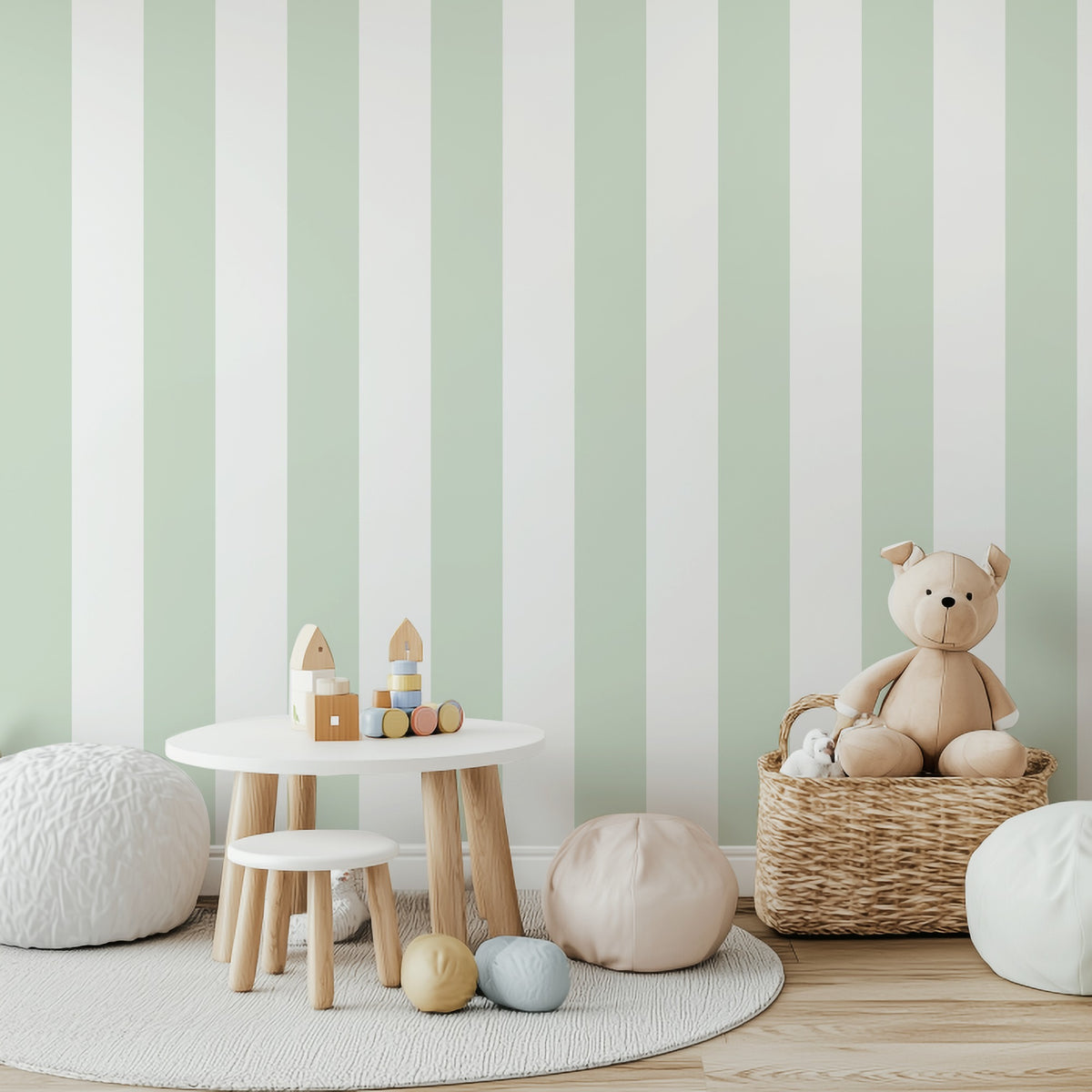Cloud & Sage – Wide Stripe Wallpaper styled in a kids' room and nursery