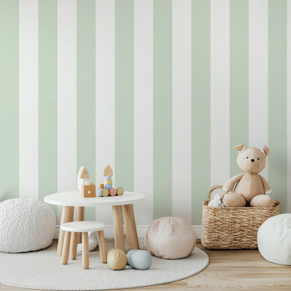 Cloud & Sage – Wide Stripe Wallpaper styled in a kids' room and nursery