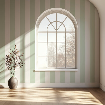 Cloud & Sage – Wide Stripe Wallpaper styled in a hallway and home office