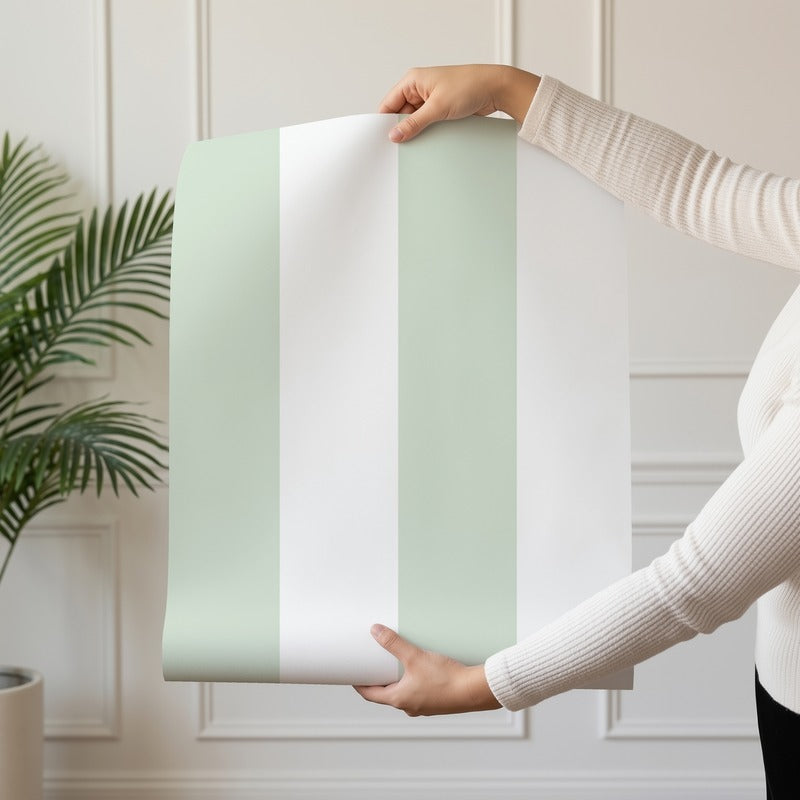 Wide Stripe Wallpaper roll in Cloud & Sage – graphic, wide stripes on a sage ground