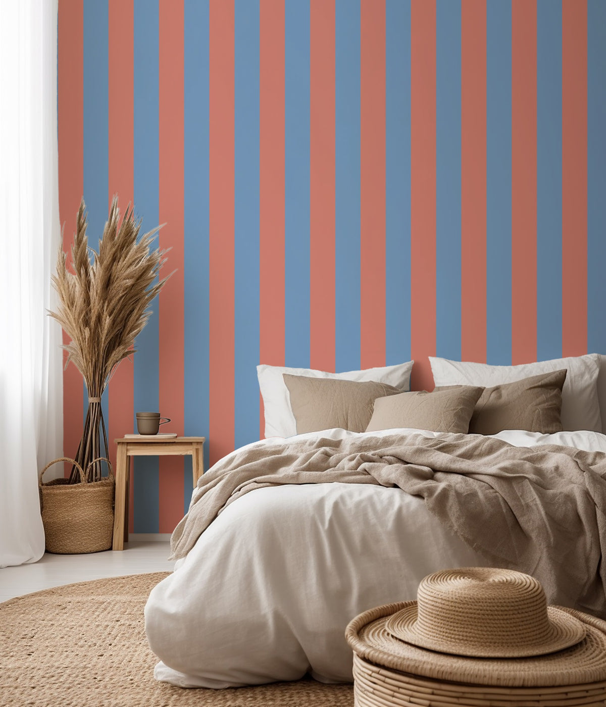 Wide Stripe Wallpaper – Cornflower Blue & Soft Coral styled in a bedroom