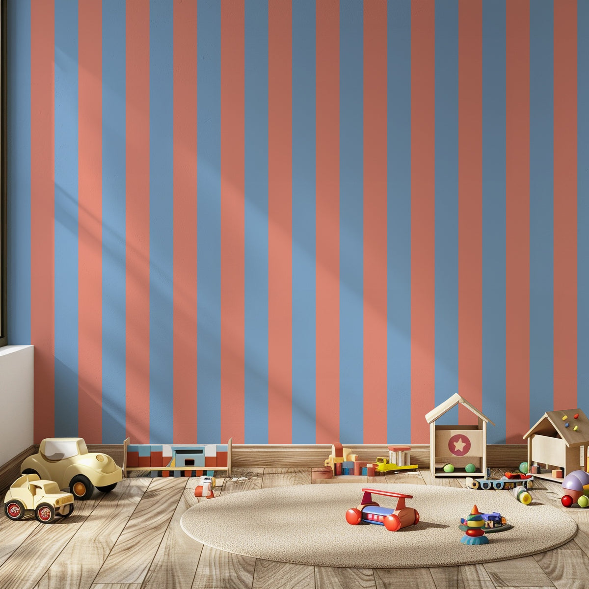 Wide Stripe Wallpaper – Cornflower Blue & Soft Coral styled in a kids' room and nursery