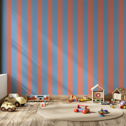Wide Stripe Wallpaper – Cornflower Blue & Soft Coral styled in a kids' room and nursery