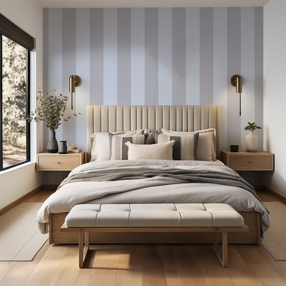 Dove Grey & Powder Blue – Wide Stripe Wallpaper styled in a bedroom