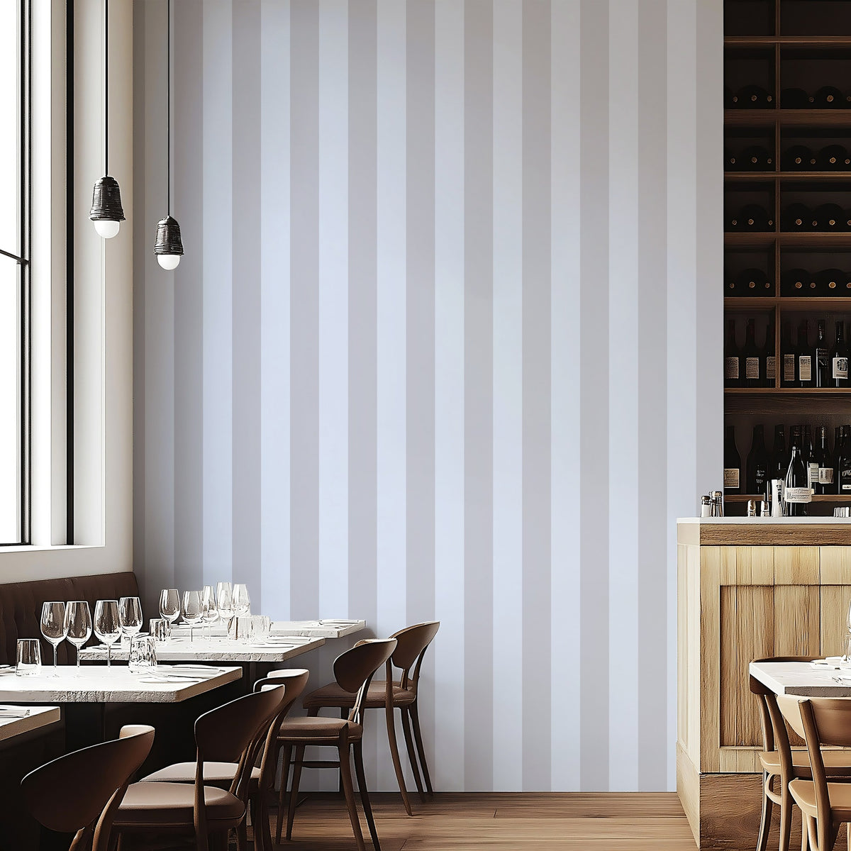 Dove Grey & Powder Blue – Wide Stripe Wallpaper styled in a boutique hotel and hospitality space