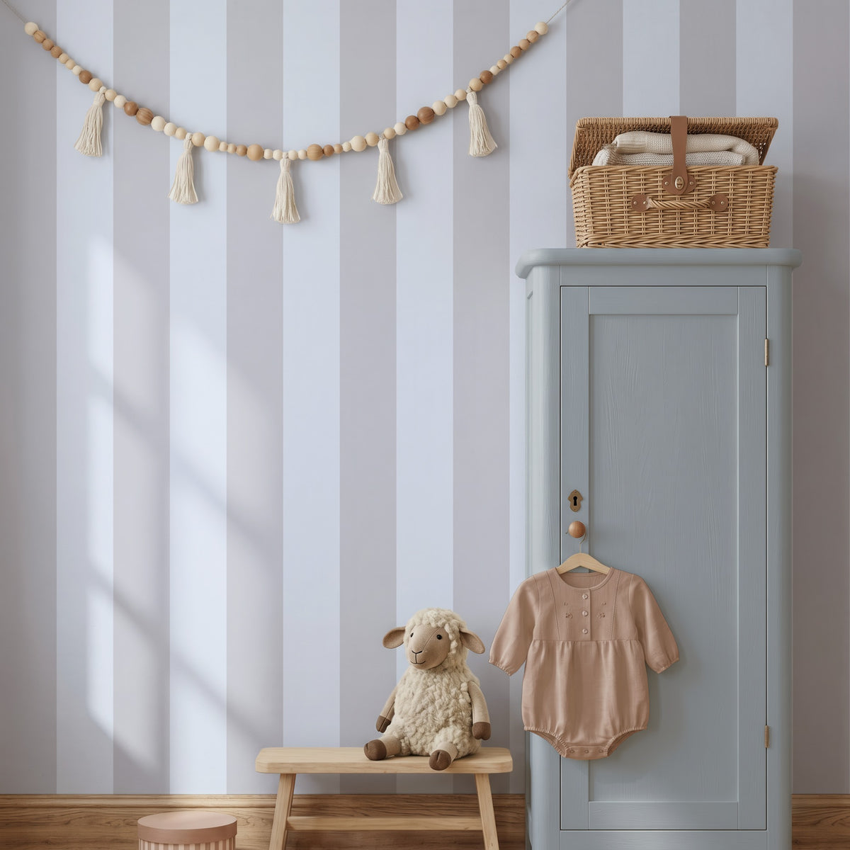 Dove Grey & Powder Blue – Wide Stripe Wallpaper styled in a kids' room and nursery