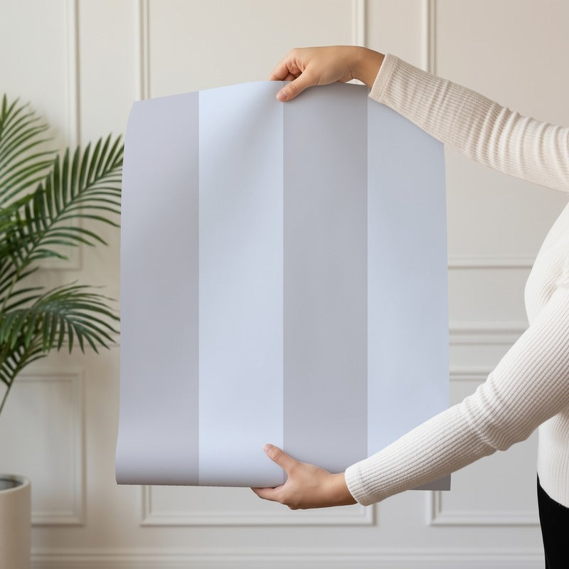 Wide Stripe Wallpaper roll in Dove Grey & Powder Blue – graphic, wide stripes on a powder blue ground